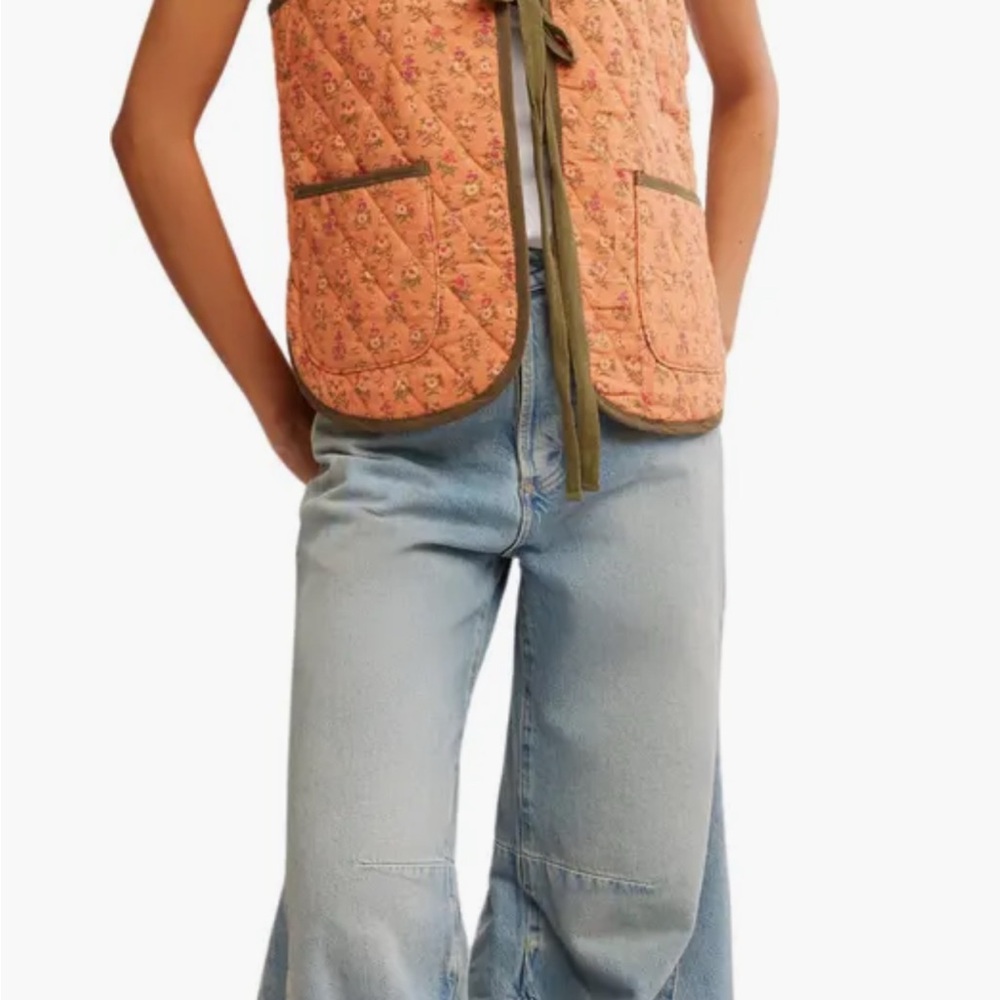 Free People Claudine Floral Quilted Vest in Peach and Olive (Candied Melon) - Picture 3 of 3
